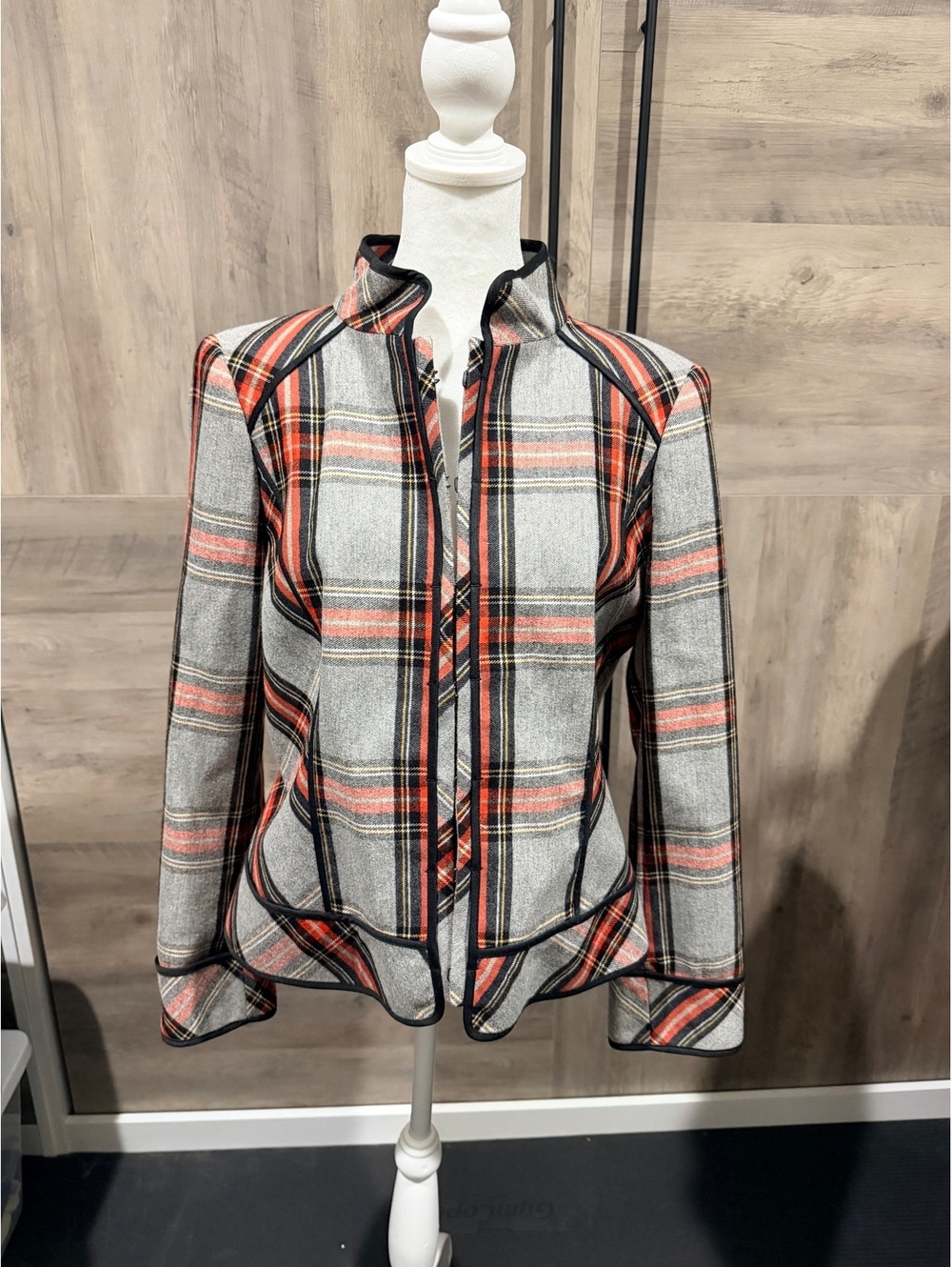 Zara Woman Large Plaid Wool Blend Jacket with Stand Collar